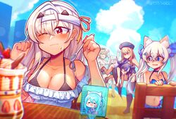  6+girls 9025mashiro animal_ear_headphones animal_ears anis_(nikke) bandaged_head bandages bare_shoulders beach beret bikini black_bikini black_hair black_headwear blue_dress blue_eyes blue_hair blue_nails blue_sky blurry blush blush_stickers bow breasts brown_hair cat_ears closed_mouth collarbone counters_(nikke) depth_of_field dress eating fake_animal_ears food food_on_face glasses goddess_of_victory:_nikke hair_between_eyes hair_ornament hair_ribbon hairbow hands_up hat headphones headset highres holding holding_spoon ice_cream ice_cream_on_face kicking large_breasts light_brown_hair long_hair modernia_(nikke) multicolored_hair multiple_girls multiple_hair_bows n102_(nikke) nail_polish navel neon_(nikke) ocean one_eye_closed orange_eyes outdoors purple_hair rapi_(nikke) red_eyes ribbon sand sandals scared shifty_(nikke) short_hair sidelocks sky small_breasts smile spoon streaked_hair swimsuit syuen_(nikke) tan tearing_up turn_pale twitter_username two-tone_hair wavy_mouth white_hair yellow_ribbon 