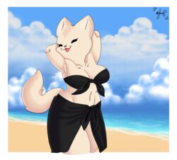  2021 aggretsuko anthro bandeau bandeau_bikini beach bikini bikini_top black_bikini black_bikini_top black_clothing black_eyes black_nose black_sarong black_swimwear border breasts canid canine cleavage clothed clothing cloud collarbone curvy_figure detailed_background digital_media_(artwork) eyelashes female fennec_fox fenneko fluffy fluffy_tail fox front-tie_bikini front-tie_clothing front-tie_swimwear front-tie_top fur hands_behind_head hi_res looking_at_viewer mammal midriff multicolored_body multicolored_fur navel open_mouth open_smile outside panthera_cantus portrait pose raised_arm sand sanrio sarong seaside side-tie_clothing side-tie_swimwear signature skimpy sky smile solo standing swimwear tail tan_body tan_fur three-quarter_portrait tongue topwear true_fox two_tone_body two_tone_fur voluptuous water white_border wide_hips 