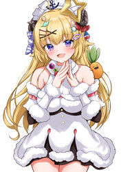  absurdres ahoge animal_ears blonde_hair blush breasts candy_hair_ornament dress female food-themed_hair_ornament fur-trimmed_dress fur_trim hair_ornament hairpin heart heart_hair_ornament hexagon_hair_ornament highres hololive horns large_breasts leaf_hair_ornament long_hair looking_at_viewer maid_headdress nekko_(momosuzu_nene) open_mouth purple_eyes rinkaa_(lovelive765pro2) shark_hair_ornament sheep_ears sheep_girl sheep_horns smile solo star_(symbol) star_hair_ornament tsunomaki_watame tsunomaki_watame_(1st_costume) virtual_youtuber white_headdress x_hair_ornament 