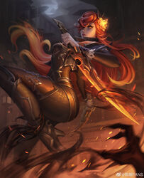  1other absurdres black_footwear boots dagger fan_fan_fans female fire floating_hair flower fog full_body glowing glowing_flower hair_flower hair_ornament high_heel_boots high_heels high_noon_katarina highres holding holding_dagger holding_knife holding_weapon katarina_(league_of_legends) knife league_of_legends long_hair looking_at_viewer mole mole_under_eye moon night night_sky official_alternate_costume official_alternate_hairstyle orange_hair outdoors parted_lips red_eyes reverse_grip serious sky solo_focus thighs weapon 