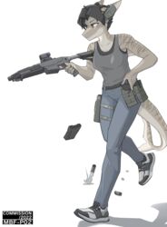  5_fingers anthro black_hair bottomwear breasts clothed clothing denim denim_bottomwear denim_clothing digital_media_(artwork) discardingsabot earmuffs female fin fingers fish footwear furgonomic_headwear furgonomics gun hair handgun hearing_protection hi_res holding_gun holding_object holding_ranged_weapon holding_weapon holster holstered_pistol jeans magazine_(gun) magazine_pouch marine mbf-p02 pants pistol ranged_weapon requiem_shark rule_63 sabine_straiter sabot_sauer scalie shark shark_tail shell_(projectile) shirt shoes shotgun shotgun_shell simple_background sneakers solo standing stripes tank_top tiger_shark topwear trigger_discipline weapon 