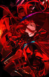  absurdres armored_boots black_bodysuit blue_string bodysuit boots breasts cape chains collared_cape enilefilnoztlaw evil_smile fate/grand_order fate_(series) female floating_hair hair_floating_upwards hair_over_mouth highres katana large_breasts lava long_hair looking_to_the_side medallion oda_nobunaga_(fate) oda_nobunaga_(maou_avenger)_(fate) oda_uri red_cape red_eyes red_hair red_trim smile solo sword thigh_strap thighs tight_top two-tone_bodysuit very_long_hair weapon wide_hips 