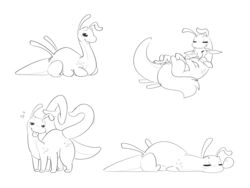  4:3 6_legs absurd_res ambiguous_gender antennae_(anatomy) anthro black_eyes caramel_(halbean) citra closed_eyes cuddling digital_media_(artwork) duo feral fluffy fluffy_tail fur gastropod gesture goo_creature halbean hi_res hug loaf long_ears lying mammal markings mollusk monochrome multi_leg multi_limb nose_bubble nude on_back on_front simple_background sleeping slime slug smile solo spots spotted_markings suggestive suggestive_gesture tail tentacle thick_tail tongue tongue_out twerp_(halbean) white_background 