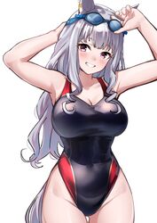  animal_ears armpits arms_up black_one-piece_swimsuit blunt_bangs breasts covered_navel female goggles goggles_on_head gold_ship_(umamusume) grey_hair grin herohero_(higashi_no_dou) highres horse_ears horse_girl horse_tail large_breasts long_hair one-piece_swimsuit parted_lips purple_eyes simple_background smile solo swimsuit tail thigh_gap two-tone_swimsuit umamusume white_background 