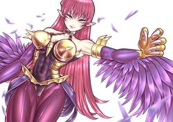  armor bare_shoulders boobplate breasts claws cyber_slash_harpie_lady duel_monster feathered_wings feathers female goston500 green_eyes hair_between_eyes harpie_lady harpy highres large_breasts long_hair looking_at_viewer monster_girl pink_hair pointy_ears purple_feathers purple_wings see-through solo spiked_armor white_background winged_arms wings yu-gi-oh! 