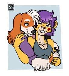  2023 anthro bird_dog blep breasts canid canine canis cleavage clothed clothing domestic_dog duo female floppy_ears freckles freckles_(artist) fur hair hand_holding hoodie hunting_dog lips male mammal multicolored_body multicolored_fur one_eye_closed orange_body orange_fur pecas_(freckles) purple_hair shirt simple_background spaniel tan_body tan_fur tank_top thick_bottom_lip tongue tongue_out topwear two_tone_body two_tone_fur vilani_(character) welsh_springer_spaniel white_body white_fur white_hair yellow_body yellow_fur 