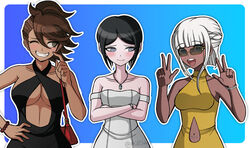  3girls ;d a_beautiful_man_(middinos) alternate_costume alternate_hairstyle asymmetrical_hair bare_shoulders bead_bracelet beads black_dress blue_background bracelet braid breasts brown_bag brown_eyes brown_hair cleavage clothing_cutout crossed_arms danganronpa:_trigger_happy_havoc danganronpa_(series) danganronpa_2:_goodbye_despair danganronpa_v3:_killing_harmony dark-skinned_female dark_skin double_v dress fangs freckles green_background grey_dress grey_eyes grin hands_up highres ikusaba_mukuro jewelry large_breasts medium_breasts multiple_girls navel navel_cutout navel_piercing necklace one_eye_closed owari_akane piercing short_hair sidecut smile sunglasses swept_bangs teeth tinted_eyewear undercut upper_body v watch wristwatch yonaga_angie 