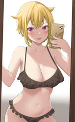  absurdres alternate_costume armpits bikini black_bikini blonde_hair blush breasts cleavage collarbone female frilled_bikini frills highres holding holding_phone houki_(tonburi) ibuki_tsubasa idolmaster idolmaster_million_live! large_breasts looking_at_viewer mirror navel phone red_eyes reflection selfie smile solo stomach swimsuit 