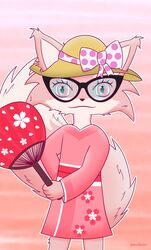  ambiguous_gender anthro asian_clothing big_tail bow_hat canid canine cherry_blossom clothing clothing_bow east_asian_clothing eyewear fan_character flower fluffy fluffy_tail fox fur glasses hat headgear headwear hi_res japanese_clothing kerolink kimono male mammal pink_background pink_body pink_eyes pink_fur pixile_studios plant prunus_(flower) simple_background solo squirrelraw straw_hat sun_hat super_animal_royale tail 