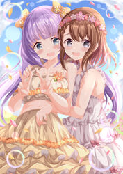  2girls :d bare_arms bare_shoulders blue_sky blush bow breasts brown_dress brown_hair cloud commentary_request commission day dress flower flower_wreath grey_eyes hairbow hanasato_minori head_wreath highres large_breasts multiple_girls outdoors petals pink_flower project_sekai purple_hair red_flower senju_iroha skeb_commission sky sleeveless sleeveless_dress smile white_dress white_flower world_dai_star xenon_(for_achieve) yellow_bow 