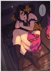  animal_print bare_shoulders black_hair black_socks border brown_eyes camisole check_commentary commentary_request couch female hair_over_one_eye hair_ribbon idolmaster idolmaster_cinderella_girls jacket knees_together_feet_apart knees_up lc_butter legs leopard_print light long_hair looking_at_viewer lying matoba_risa miniskirt navel no_shoes on_side open_mouth pink_jacket pink_skirt print_camisole print_ribbon ribbon shade skirt sleepy socks solo squeans translated twintails unworn_jacket white_border 