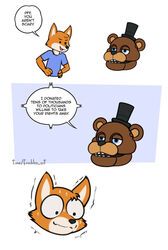  2023 3_panel_comic animatronic anthro bear bodily_fluids canid canine cheek_tuft clothing dialogue dot_eyes duo english_text facial_tuft five_nights_at_freddy&#039;s fox freckles_(artist) freddy_(fnaf) fur hat headgear headwear humor machine male mammal multicolored_body multicolored_fur open_mouth open_smile orange_body orange_fur politics robot scottgames shirt simple_background smile speech_bubble sweat sweatdrop t-shirt tan_body tan_fur text top_hat topwear tuft two_tone_body two_tone_fur wide_eyed 