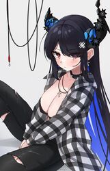  absurdres alternate_costume asymmetrical_horns black_hair black_pants blush breasts broken_horn cable cleavage collar colored_inner_hair cross cross_necklace demon_horns feet_out_of_frame female flannel hair_over_one_eye highres hololive hololive_english horns jewelry knee_up large_breasts long_hair looking_at_viewer magui3 mole mole_under_eye multicolored_hair necklace nerissa_ravencroft pants red_eyes sitting solo spiked_collar spikes torn_clothes torn_pants very_long_hair virtual_youtuber 