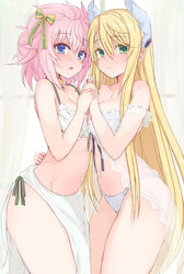  2girls babydoll blonde_hair blue_eyes blush bow bra breasts closed_mouth feet_out_of_frame green_bow green_eyes hairbow highres holding_hands large_breasts long_hair looking_at_viewer medium_breasts multiple_girls navel ocha_(ochappie) panties parted_lips pink_hair rance_(series) rance_10 sheila_helman short_hair sill_plain two-tone_bow underwear white_bra white_panties yellow_bow 