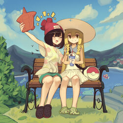  2girls bag bare_shoulders beanie blonde_hair boa_(brianoa) braid breasts dress duffel_bag green_eyes green_shorts gyarados hat highres lillie_(pokemon) long_hair looking_at_viewer magikarp multiple_girls pokemon pokemon_(creature) pokemon_sm red_headwear rotom rotom_dex selene_(pokemon) shirt shorts sleeveless sleeveless_dress small_breasts smile sun_hat tied_shirt twin_braids white_dress wooper yellow_shirt 