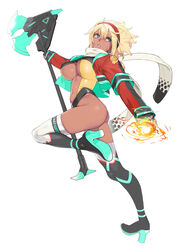  ass axe battle_axe blonde_hair boots breasts casting_spell cleavage_cutout clothing_cutout commission conto dark_skin female headband high_heel_boots high_heels highres holding holding_axe jacket leg_up long_sleeves midriff navel open_clothes open_jacket original pixiv_commission simple_background stomach_cutout tan thigh_boots thighhighs underboob weapon white_background 