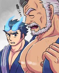  2boys bara beard blue_fire breasts_day facial_hair fiery_horns fire forked_eyebrows from_side girl_staring_at_guy&#039;s_chest_(meme) good_breasts_day hair_slicked_back hogen_(housamo) horns large_pectorals looking_at_another looking_at_pectorals looking_down male_focus mature_male meme multiple_boys muscle_envy muscular muscular_male old old_man pectoral_cleavage pectorals pikako182 profile sakimori_toji scar scar_on_cheek scar_on_face short_hair sweat thick_beard thick_eyebrows three_quarter_view tokyo_afterschool_summoners translated upper_body very_sweaty 