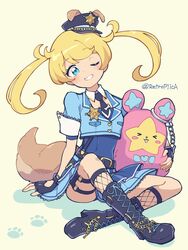  &gt;_&lt; animal_ears belt black_belt black_footwear black_gloves black_necktie blonde_hair blue_eyes blue_jacket blue_shirt blue_skirt blush blush_stickers boots chains collared_shirt commentary_request cropped_jacket dog_ears dog_tail fake_animal_ears fake_tail female fingerless_gloves fishnet_socks fishnets full_body gloves grin hat highres jacket kiracchu_(pri_chan) kiratto_pri_chan knee_boots long_hair looking_at_viewer moegi_emo nana_(retroplica) necktie one_eye_closed open_mouth pleated_skirt police police_hat police_uniform policewoman pretty_series shirt short_sleeves sitting skirt smile socks solo star_(symbol) stuffed_animal stuffed_toy tail thigh_strap twintails twitter_username uniform white_shirt 