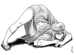  beret female greyscale hat hong_meiling jack-o&#039;_challenge kneehighs koyubi_(littlefinger1988) long_hair monochrome shirt shoes short_sleeves side_slit simple_background skirt socks star_(symbol) thighs top-down_bottom-up touhou vest white_background white_shirt 