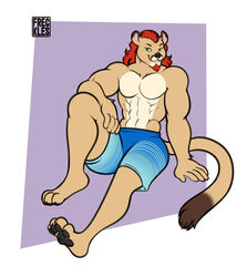  2023 abs anthro black_pawpads clothing facial_hair felid freckles_(artist) fur goatee hair half-closed_eyes lion male mammal muscle_tone muscular muscular_anthro muscular_male narrowed_eyes orange_hair pantherine pawpads paws pecs simple_background smile solo swimming_trunks swimwear tan_body tan_fur yellow_body yellow_fur 