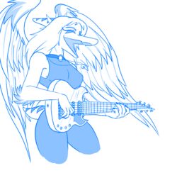  5_fingers anthro arm_feathers big_wings blue_and_white bone_frill bottomwear breasts cavemanon_studios closed_eyes clothing elbow_feathers electric_guitar extinct fang_(gvh) feathered_wings feathers female fingers frill_(anatomy) goodbye_volcano_high guitar hair holding_guitar holding_musical_instrument holding_object jewelry makeup monochrome musical_instrument necklace open_mouth pants pendant playing_guitar playing_music plucked_string_instrument prehistoric_species protonmono pterodactylus pterosaur reptile scalie short_tail simple_background singing sleeveless_shirt snoot_game snout solo spiked_hairband string_instrument stripes tail wings 