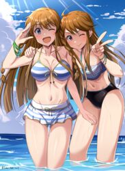  2girls absurdres ahoge bikini bikini_skirt blue_eyes blue_sky bracelet braid brown_eyes cloud day feet_out_of_frame front-tie_bikini_top front-tie_top highres horizon idolmaster idolmaster_million_live! jewelry kousaka_umi long_hair mismatched_bikini multiple_girls ocean one_eye_closed outdoors salute sky smile striped_bikini striped_clothes swimsuit takatsuki_p tokoro_megumi twin_braids twitter_username v wading water 