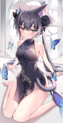  absurdres animal animal_ears ass barefoot black_dress black_hair blue_archive blue_butterfly blush breasts bug butterfly butterfly_hair_ornament cat_ears cat_tail china_dress chinese_clothes closed_mouth double_bun dragon_print dress ears_visible_through_hair extra_ears female grey_eyes groin hair_bun hair_ornament highres kisaki_(blue_archive) lattice long_hair no_panties nyaruin sitting small_breasts solo tail thighs twintails wariza 