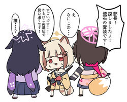  3girls animal_ears arata_(blue_archive) black_skirt blonde_hair blue_archive brown_eyes brown_kimono brown_skirt chibi commentary_request fox_ears fox_girl fox_tail halo izuna_(blue_archive) japanese_clothes kimono long_hair multicolored_hair multiple_girls nyaru_(nyaru_4126) off_shoulder open_mouth pink_halo pleated_skirt red_eyes sarashi simple_background skirt standing streaked_hair sweat tail translation_request tsukuyo_(blue_archive) very_long_hair white_background 