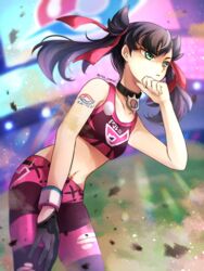  arm_tattoo black_choker black_hair breasts choker collarbone crop_top dynamax_band female floating_hair gloves green_eyes hair_ribbon highres leaning_forward long_hair marnie_(pokemon) midriff navel pants parted_lips pokemon pokemon_swsh ribbon single_glove small_breasts sports_bra stadium stomach tattoo torn_clothes torn_pants twintails yomogi_(black-elf) 