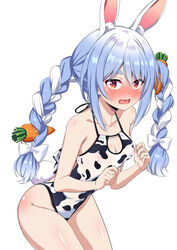  absurdres animal_ear_fluff animal_ears animal_print back_cutout bare_shoulders blue_hair blush braid breasts carrot carrot_hair_ornament cleavage_cutout clothing_cutout covered_nipples cow_print female food-themed_hair_ornament fuyumi_kazuki hair_ornament halterneck highleg highleg_swimsuit highres hololive leaning_forward long_hair looking_at_viewer multicolored_hair nose_blush one-piece_swimsuit open_mouth orange_eyes rabbit-shaped_pupils rabbit_ears rabbit_girl rabbit_tail see-through_one-piece_swimsuit short_eyebrows simple_background small_breasts solo sweat swimsuit symbol-shaped_pupils tail thick_eyebrows twin_braids two-tone_hair usada_pekora very_long_hair virtual_youtuber wavy_mouth white_background white_hair 