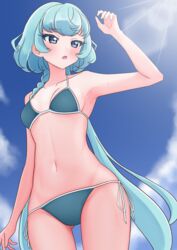  :o absurdres aikatsu!_(series) aikatsu_friends! alicia_charlotte aqua_bikini aqua_hair arm_at_side arm_up ass_visible_through_thighs bare_arms bikini blue_eyes blue_sky blush braid breasts cloud collarbone cowboy_shot curly_hair day eyelashes female from_below highres koedo_chang lens_flare light_rays long_hair looking_afar low_twintails medium_breasts navel open_mouth outdoors side-tie_bikini_bottom sky solo standing string_bikini sunlight sweat swimsuit turning_head twintails very_long_hair 