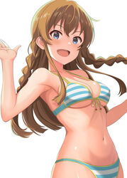  baji_toufuu_(bajitohfu) bikini blue_bikini blue_eyes braid breasts brown_hair collarbone female front-tie_bikini_top front-tie_top highres idolmaster idolmaster_million_live! kousaka_umi long_hair looking_at_viewer medium_breasts navel open_mouth smile solo stomach string_bikini swimsuit twin_braids 