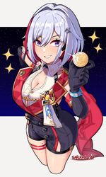  absurdres black_gloves blue_eyes breasts buttons cleavage cleavage_cutout clothing_cutout coin colored_inner_hair detached_sleeves female gloves grey_hair hair_ornament highres holding holding_coin honkai:_star_rail honkai_(series) large_breasts looking_at_viewer multicolored_hair red_hair sarukaiwolf short_hair shorts smile solo split-color_hair topaz_(honkai:_star_rail) two-tone_hair 