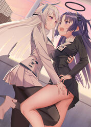  2girls ass black_pantyhose black_skirt blue_archive blue_necktie blush boots breasts collared_shirt commentary grey_hair grin halo hanamaru_tsubaki high_heel_boots high_heels id_card large_breasts long_hair long_sleeves mechanical_halo medium_breasts multiple_girls necktie noa_(blue_archive) oerba_yun_fang open_mouth outdoors pantyhose pleated_skirt purple_eyes purple_hair shirt skin_fang skirt smile suit two_side_up white_footwear white_shirt white_skirt yuri yuuka_(blue_archive) 