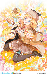  :q aku_maborosi black_thighhighs blonde_hair blue_eyes blunt_bangs blush breasts brown_headwear brown_jacket brown_skirt bubba_(watson_amelia) collared_shirt commentary_request copyright_name detective female food-themed_background hat high-waist_skirt highres holding holding_spoon hololive hololive_english jacket large_breasts long_sleeves looking_at_viewer monocle necktie open_clothes open_jacket parted_bangs peaked_cap plaid plaid_headwear plaid_skirt red_necktie shirt short_hair sitting skirt smol_ame spoon stethoscope syringe thighhighs tongue tongue_out virtual_youtuber wariza watermark watson_amelia watson_amelia_(1st_costume) white_shirt yellow_theme 