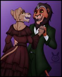  4:5 anthro anthrofied black_border border clothed clothing darkmaro_(artist) digital_media_(artwork) disney dress duo ear_piercing ear_ring felid female fur hi_res lion male mammal mane pantherine piercing ring_piercing scar scar_(the_lion_king) simple_background smile teeth the_lion_king zira_(the_lion_king) 