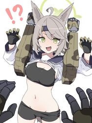  !? ahoge animal_ears bike_shorts black_sports_bra blue_archive breasts clothes_lift female gloves green_eyes grey_hair groin halo headset highres long_sleeves medium_breasts microphone navel open_mouth otogi_(blue_archive) restrained robot sailor_collar shirt shirt_lift short_hair simple_background solo sports_bra stomach sweatdrop tail uni_gyoza white_background white_shirt 