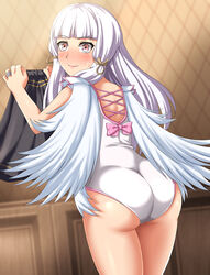  absurdres alternate_costume angel_leotard angel_wings ass black_skirt blush commentary_request commission cowboy_shot dragon_quest female fire_emblem fire_emblem:_three_houses from_behind hair_ribbon highres holding holding_clothes leotard long_hair lysithea_von_ordelia nose_blush pink_eyes pixiv_commission ribbon skirt smile solo tress_ribbon white_hair white_leotard wings zanntetu 