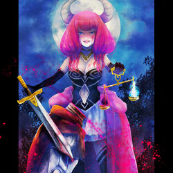  aura_(sousou_no_frieren) balance_scale black_footwear black_gloves blood blood_on_breasts blood_on_face blue_eyes cape clothing_cutout dated decapitation demon_girl demon_horns elbow_gloves female full_moon gloves gold_necklace hei-b highres holding holding_scale holding_sword holding_weapon horns jewelry lipstick looking_at_viewer makeup medium_hair moon navel navel_cutout necklace night outdoors pillarboxed pink_hair skirt sousou_no_frieren standing sword weapon weighing_scale white_skirt 