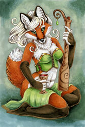 5_fingers alcohol anthro beverage biped canid canine clothing container cup female fingerless_(marking) fingers food fox fur green_eyes hair holding_container holding_cup holding_object kneeling leg_markings looking_at_viewer mammal markings neck_tuft orange_body orange_fur plantigrade sitting socks_(marking) solo tail tuft white_hair xianjaguar