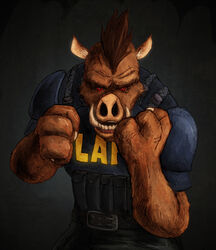 anthro brown_body brown_fur brown_hair bulletproof_vest claws duke_nukem_(series) fur hair looking_at_viewer lukedenby male mammal pig_cop police red_eyes solo suid suina sus_(pig) teeth wild_boar