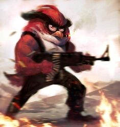 angry_birds anthro avian beak bird cigar fire goes_hard gun holding_gun holding_object holding_ranged_weapon holding_weapon looking_at_viewer low_res male muscular muscular_anthro muscular_male ranged_weapon red_(angry_birds) red_eyes robotpencil rovio_entertainment sega solo weapon what