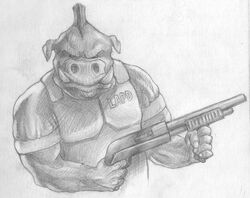 angry anthro bulletproof_vest duke_nukem_(series) excaliburpt greyscale gun male mammal monochrome pig_cop police ranged_weapon shotgun sketch solo suid suina sus_(pig) teeth weapon wild_boar