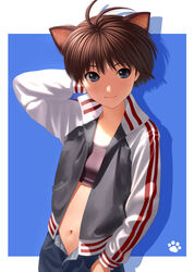 ahoge animal_humanoid black_bra black_clothing black_underwear blue_eyes bottomwear bra breasts brown_hair cat_humanoid clothing denim denim_bottomwear denim_clothing felid felid_humanoid feline feline_humanoid female hair human humanoid idolmaster jacket jeans kikuchi_makoto mammal mammal_humanoid nekopuchi pants small_breasts smile solo sports_bra tomboy topwear training_bra underwear unzipped unzipped_pants zipper zipper_down