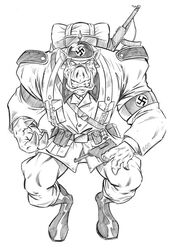 armor black_and_white boots claws clothing duke_nukem_(series) footwear gun handgun hat headgear headwear helmet male monochrome nazi pig_cop pistol ranged_weapon residentlilly sketch solo swastika teeth uniform weapon