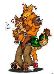 activision amber_eyes anthro arody biceps big_muscles bottomwear brown_body brown_fur canid canine canis claws clothed clothing collaboration crash_(series) crocodile crocodilian crocodylid dasyuromorph dingo dingodile duo extinct footwear fur heart_symbol hi_res hug hybrid licking love male male/male mammal marsupial muscular muscular_male orange_body orange_fur pants pawpads paws plushie recently_extinct_species red_eyes reptile romantic romantic_couple scalie shoes shoulder_pads simple_background tail teeth thylacine tiny_tiger tongue tongue_out topless white_background