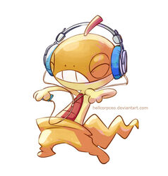 ambiguous_gender closed_eyes dancing electronics generation_5_pokemon headphones hellcorpceo nintendo pokemon pokemon_(species) portable_music_player pseudo_clothing reptile scalie scraggy simple_background solo tail teeth text url white_background