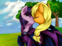 2011 4:3 applejack_(mlp) blonde_hair closed_eyes clothed clothed_feral clothing detailed_background digital_media_(artwork) duo earth_pony equid equine eyelashes female female/female feral friendship_is_magic fully_clothed fur hair hasbro hooves horse kiss_on_lips kissing mammal mare_do_well_(mlp) melancholysanctuary multicolored_hair my_little_pony orange_body outside pony portrait purple_body purple_fur purple_hair quadruped raised_hoof romantic romantic_couple three-quarter_portrait twilight_sparkle_(mlp) two_tone_hair