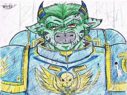 adeptus_astartes angry anthro armor bovid bovine brown_body brown_fur bust_portrait cattle damaged_armor fantasy front_view frown fur green_body green_fur green_hair hair horn looking_at_viewer machine male mammal nuar_come_mundos pencil_(object) portrait power_armor scar short_hair simple_background solo space_marine stripes toro_(nuar_come_mundos) traditional_media_(artwork) ultra_marine ultramarine warhammer_(franchise) warhammer_40000 white_background