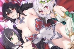  aliasing animal_ears armor black_hair blush breast_hold breasts catgirl chains choker cleavage gray_hair green_eyes headdress ilya_ornstein karyl kokkoro leotard pd_(pdpdlv1) pointed_ears princess_connect! red_eyes 